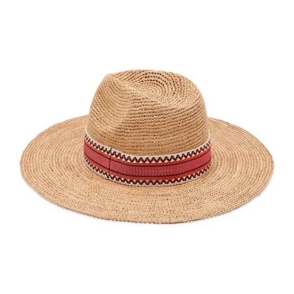 STELLA MCCARTNEY LOGO RAFFIA PANAMA TAN STRAW HAT RED STITCHED BAND SIZE: 56 - Picture 2 of 8